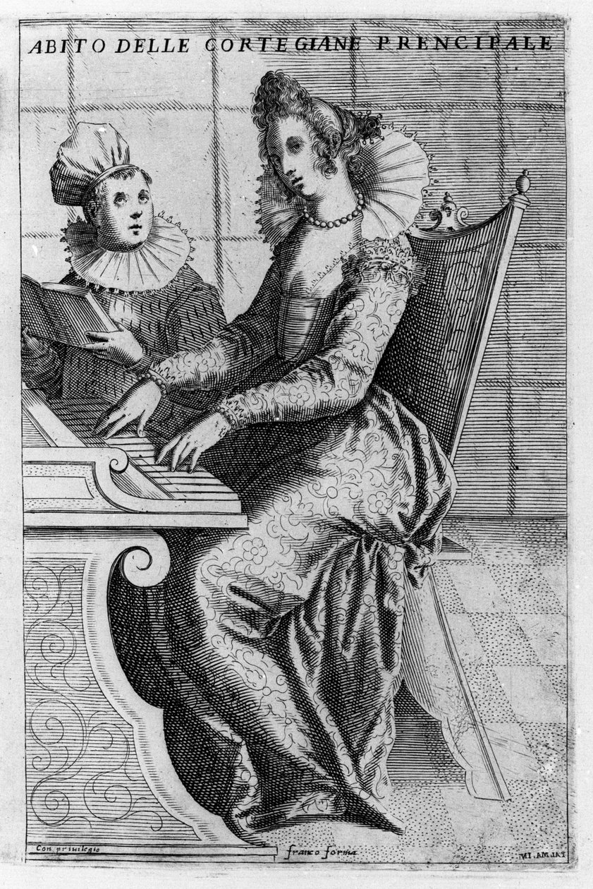 Una cortigiana in abito elegante che suona il pianoforte. Incisione di Giacomo Franco (1550-1620) da "Venezia, usi e costumi", circa 1597. da Giacomo Franco