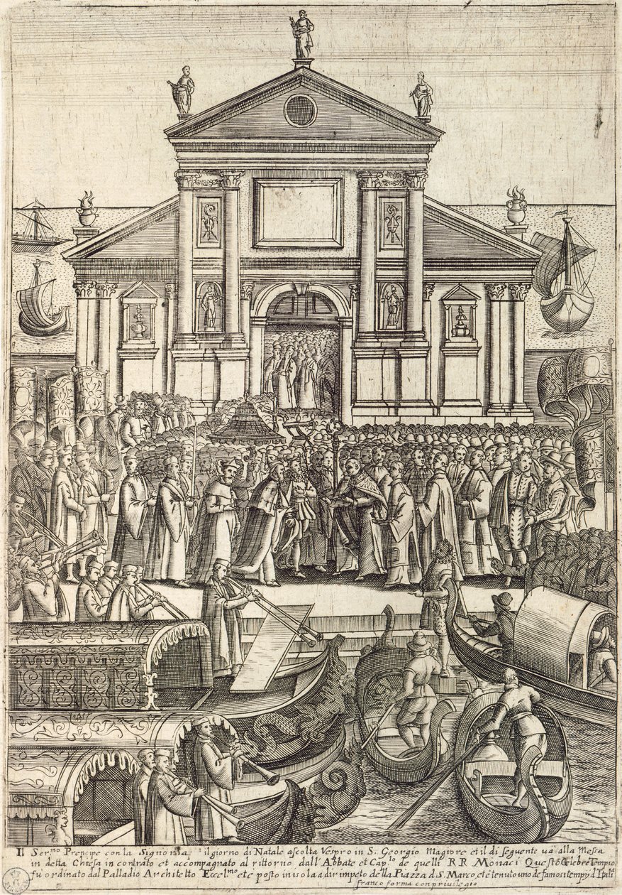 Il Doge e il suo entourage ascoltano i vespri il giorno di Natale nella Chiesa di San Giorgio Maggiore a Venezia da Giacomo Franco