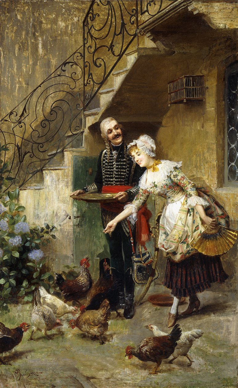 Una coppia elegante che nutre i polli in un cortile da Giacomo Mantegazza