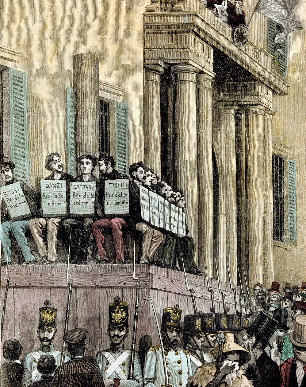 Risorgimento: membri del movimento Giovine Italia (inclusi Carlo Cattaneo, Tinelli, Danzi, Bussi) davanti al Palazzo di Giustizia di Milano, ascoltando la sentenza di esilio nel 1848 (litografia di Manteg) da Giacomo Mantegazza