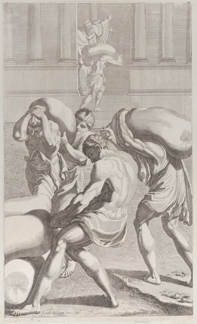 Uomini che portano sacchi di piombo nel monastero di San Benedetto da Giacomo Maria Giovannini