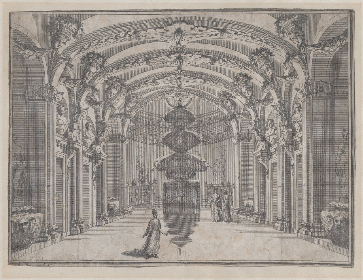 Scena Teatrale in una Grande Sala con un Soffitto a Volta e una Scultura Centrale, ca. 1687-1717 da Giacomo Maria Giovannini