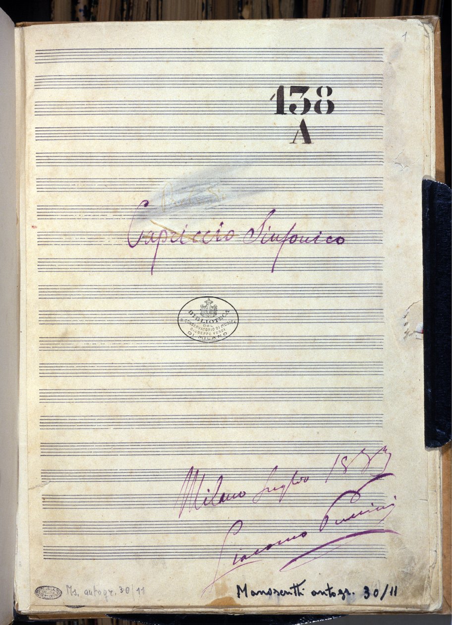 Manoscritto di spartito per “Capriccio sinfonico” del compositore Giacomo Puccini (1858-1924) 1883. Biblioteca del Conservatorio Giuseppe Verdi, Milano da Giacomo Puccini