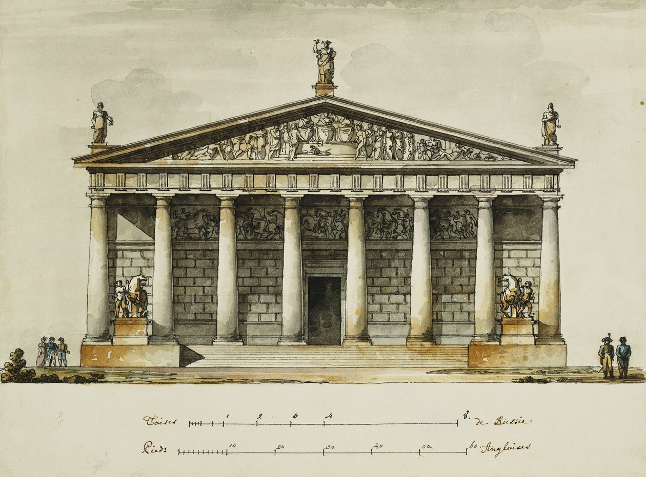 Progetti per la scuola di equitazione delle Guardie a Cavallo, San Pietroburgo: Elevazioni, Sezione e Pianta del piano da Giacomo Quarenghi