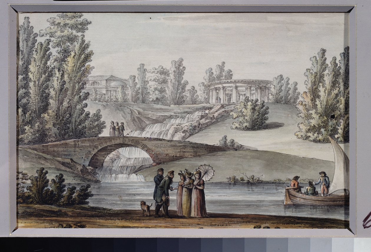 Il tempio di Apollo e la cascata nel parco Pavlovsk da Giacomo Quarenghi