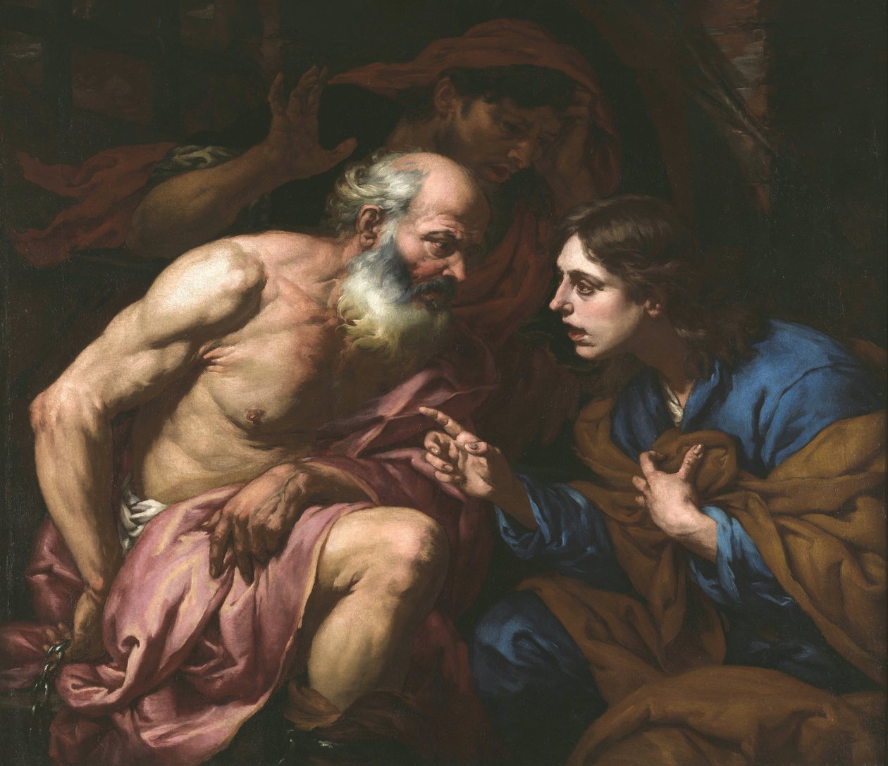Giuseppe interpreta il sogno del panettiere e del coppiere - Dipinto di Giovan Battista Langetti (1635-1676) da Giambattista Langetti
