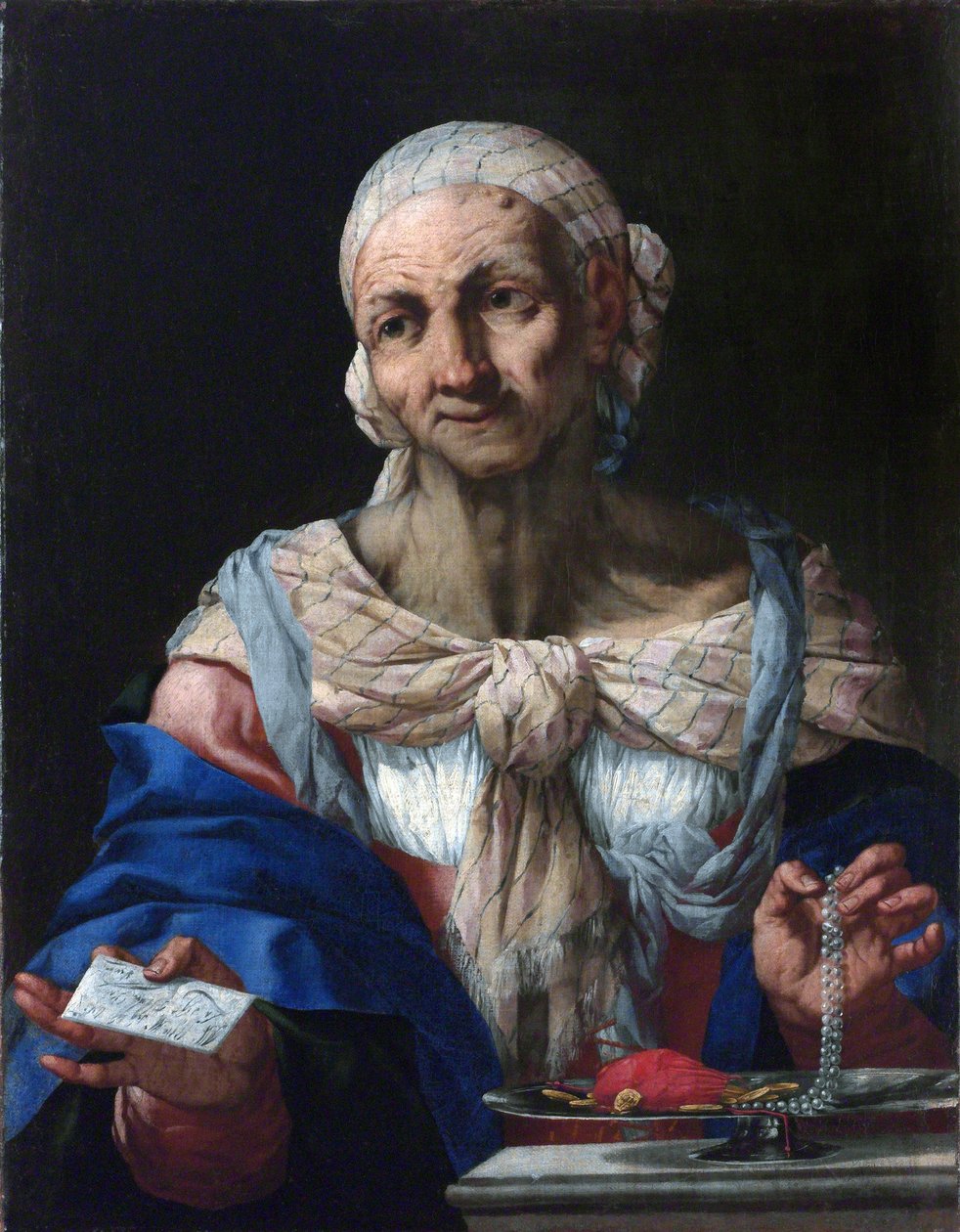 Vecchia donna con una collana di perle e una lettera (Vanitas) da Giambattista Langetti