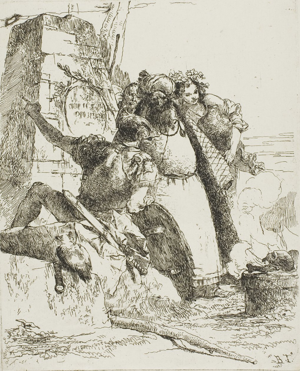 Un mago, un soldato e tre figure che osservano un teschio in fiamme, da Scherzi da Giambattista Tiepolo