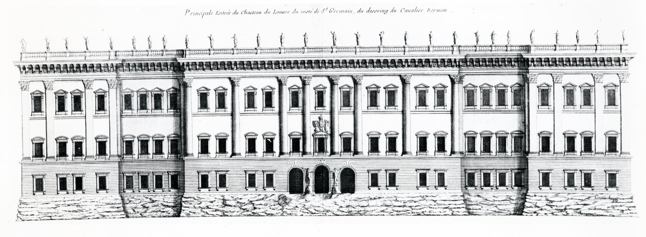 Terzo progetto per il Palais du Louvre, Parigi: Elevazione della facciata est e ingresso principale al palazzo dal lato di Saint Germain, 1665 da Gian Lorenzo Bernini