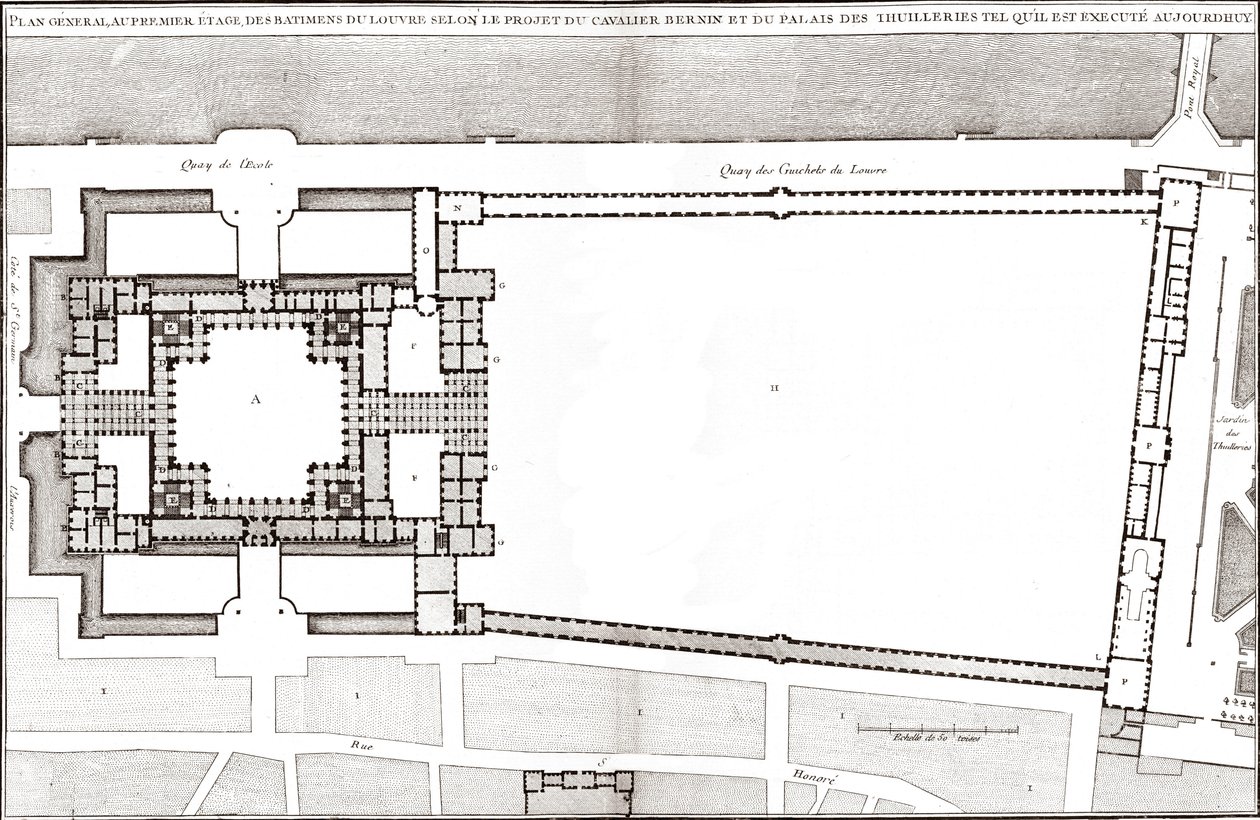Piano generale secondo il progetto di Bernini per il Louvre e le Tuileries in "Architettura Francese" di Jacques-Francois Blondel da Gian Lorenzo (after) Bernini