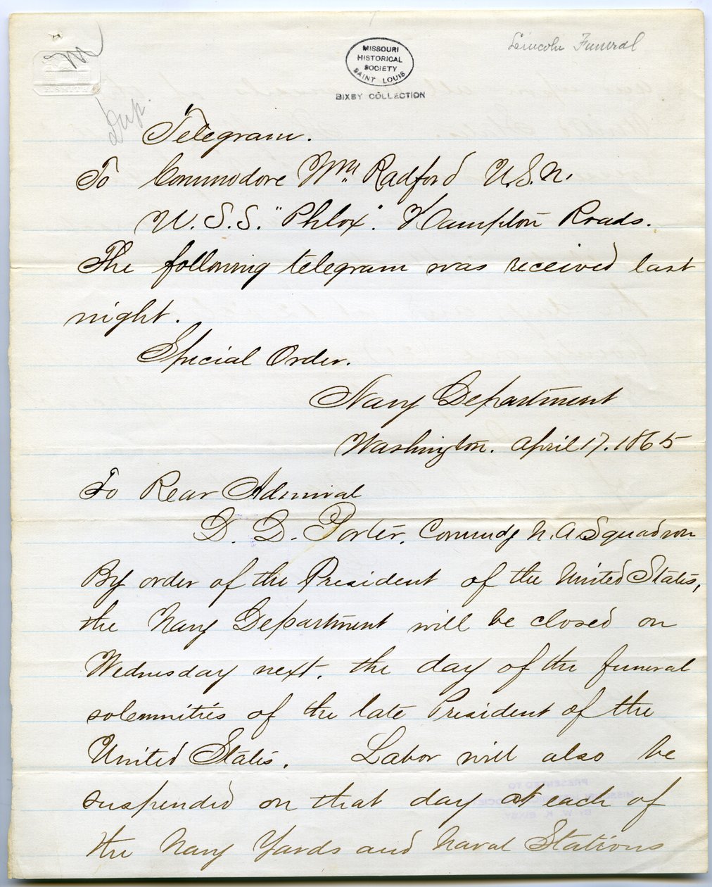 Contiene ordini per tutte le navi della marina il giorno del funerale di Abraham Lincoln da Gideon Welles