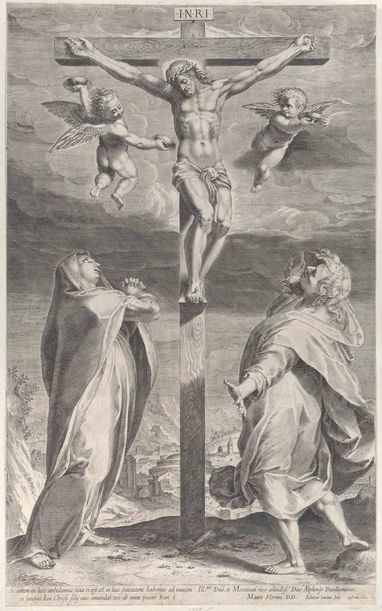 Crocifissione con la Vergine Maria e San Giovanni Evangelista, angeli sopra, ca. 1593 da Gijsbert Van Veen