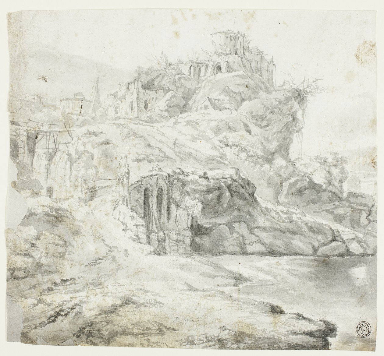 Promontorio roccioso con rovine e cascate (recto); schizzo di scogliera con edifici (verso) da Giles Edme Petit