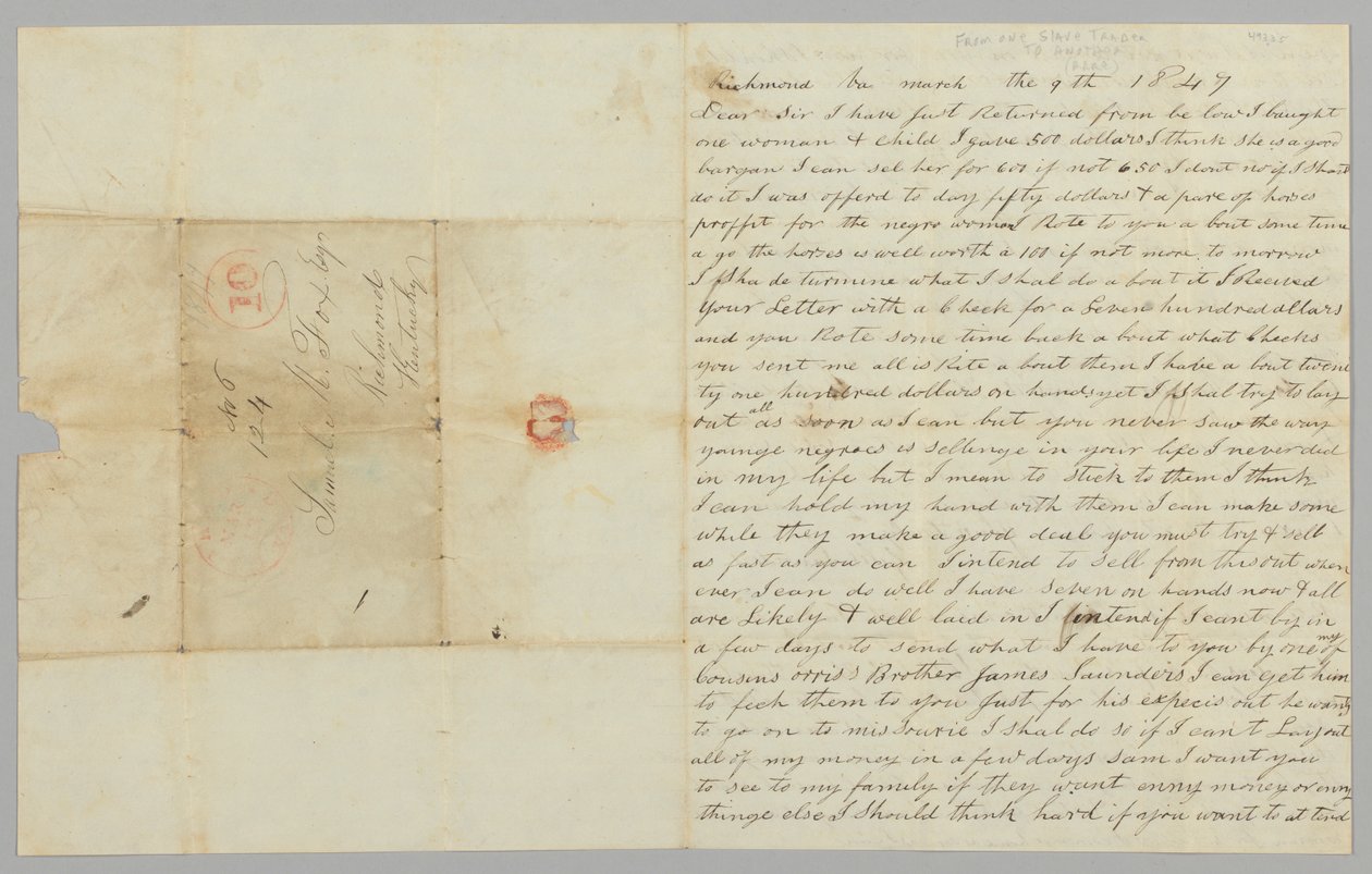 Lettera a Samuel Fox da Giles Saunders riguardante il commercio degli schiavi, 9 marzo 1847 da Giles Saunders