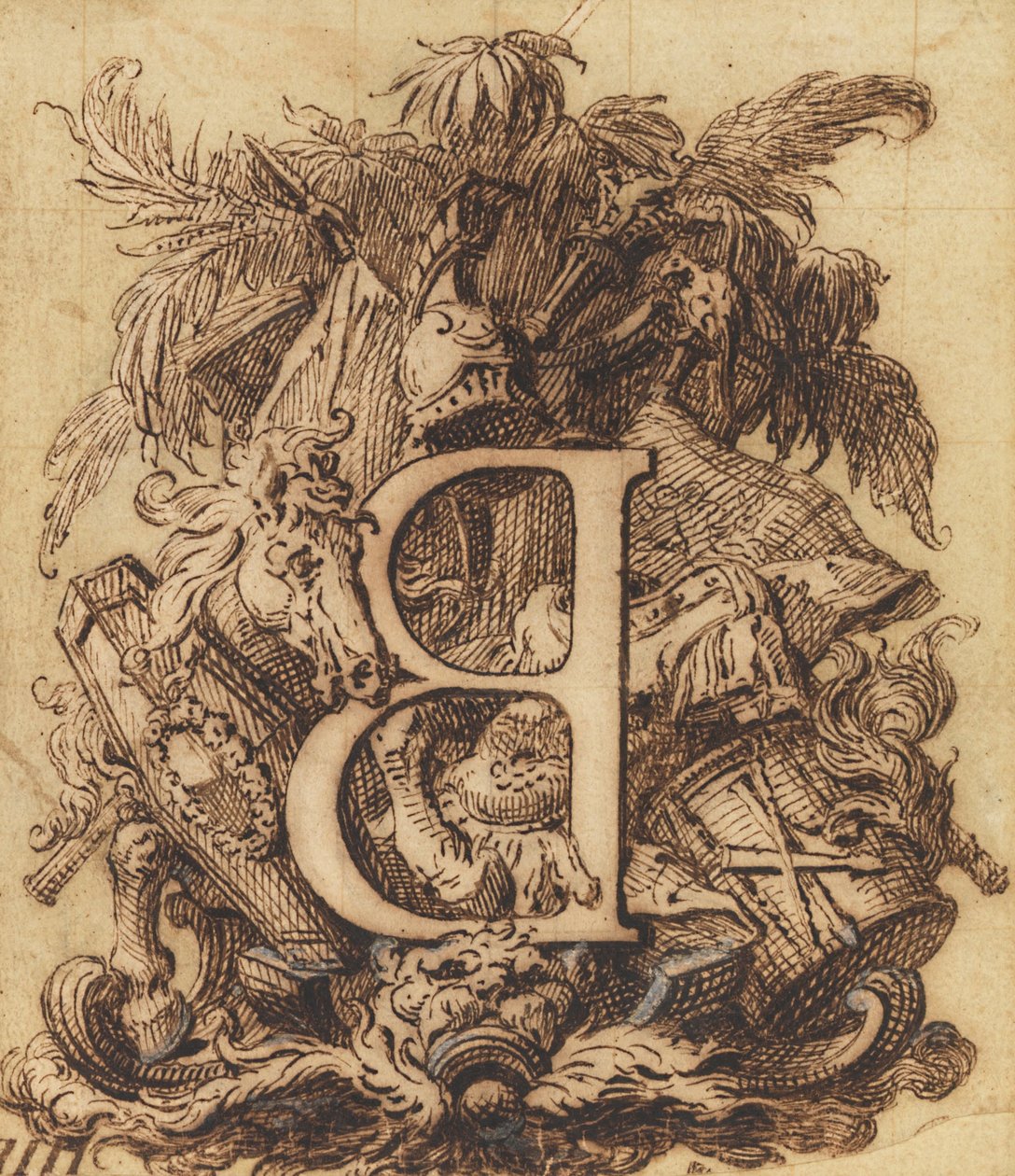 Disegno ornamentale per la lettera B da Gilles Marie Oppenord