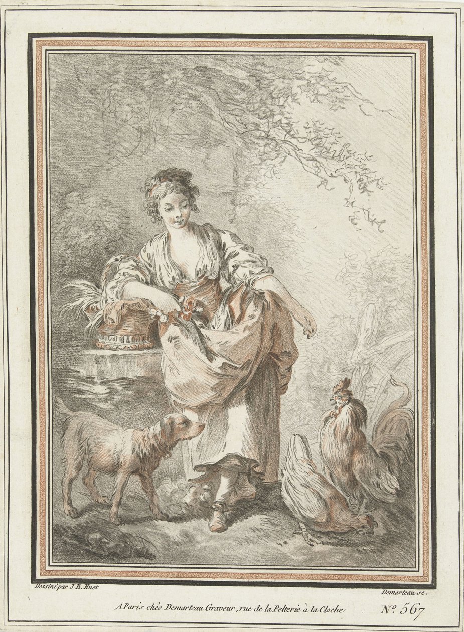 Giovane donna con cane e gallo e gallina da Gilles Demarteau