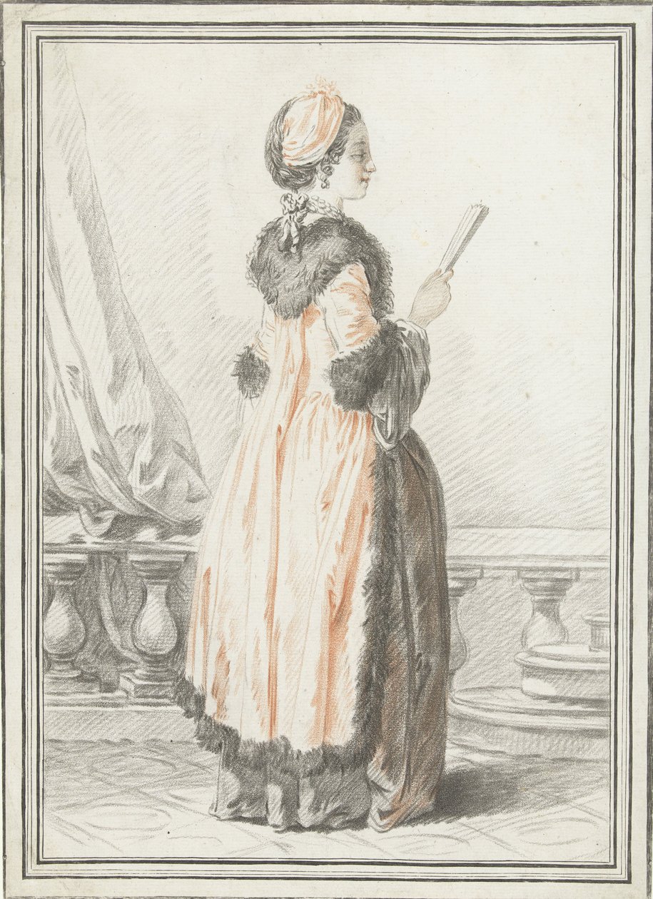 Donna in piedi con ventaglio in mano da Gilles Demarteau