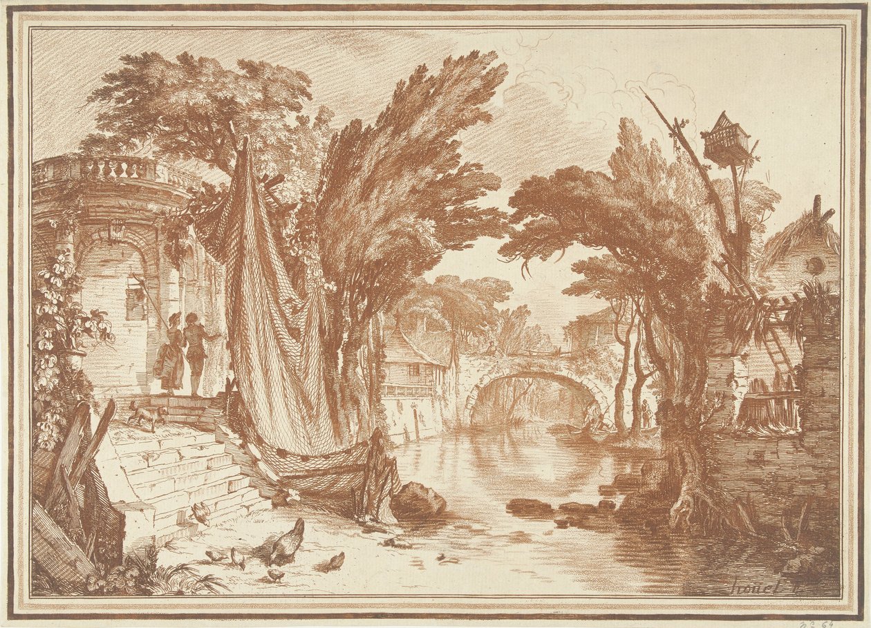 Paesaggio meridionale con case lungo un fiume da Gilles Demarteau