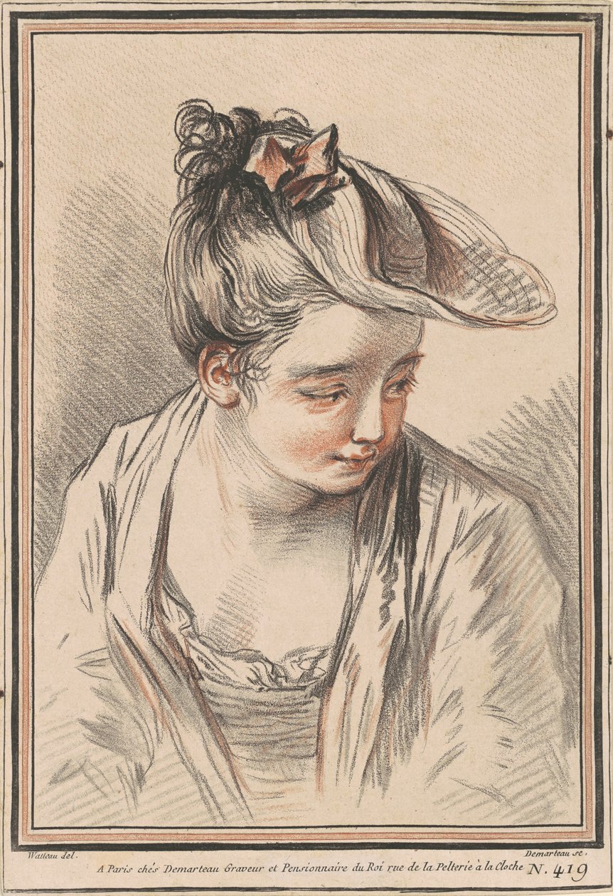 Testa di una Giovane Donna con Cappello da Gilles Demarteau the Elder after Antoine Watteau