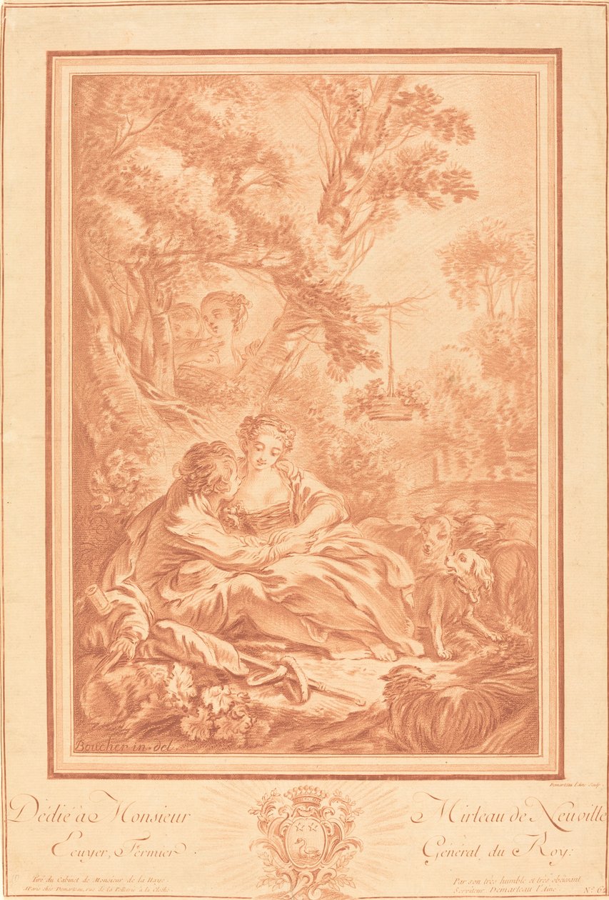 Due amanti seduti ai piedi di un grande albero, sorpresi da due ragazze da Gilles Demarteau, the Elder after François Boucher