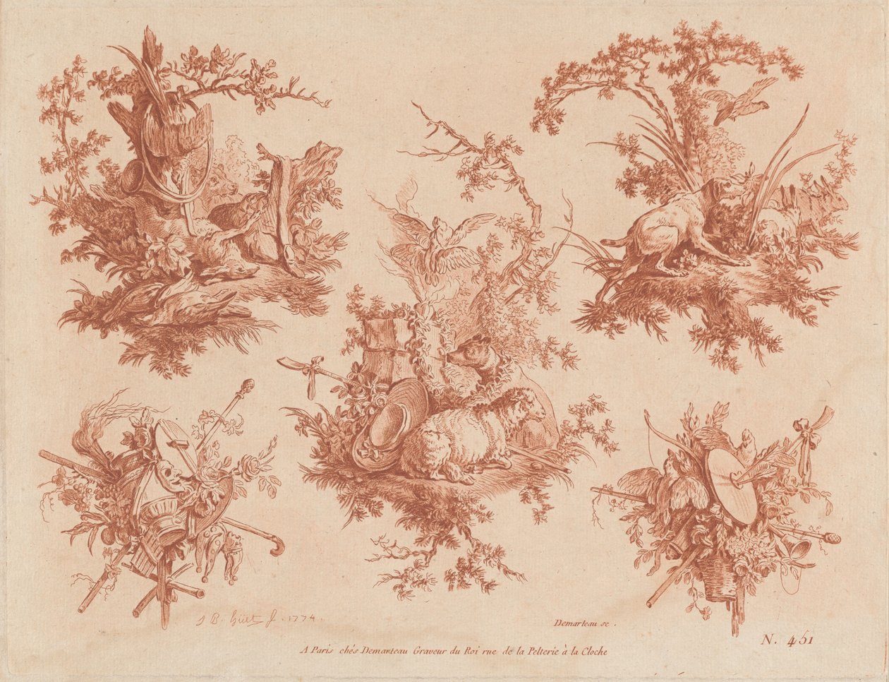 Cinque trofei con temi di caccia, amore e follia da Gilles Demarteau, the Elder, and Jean Baptiste Hüet