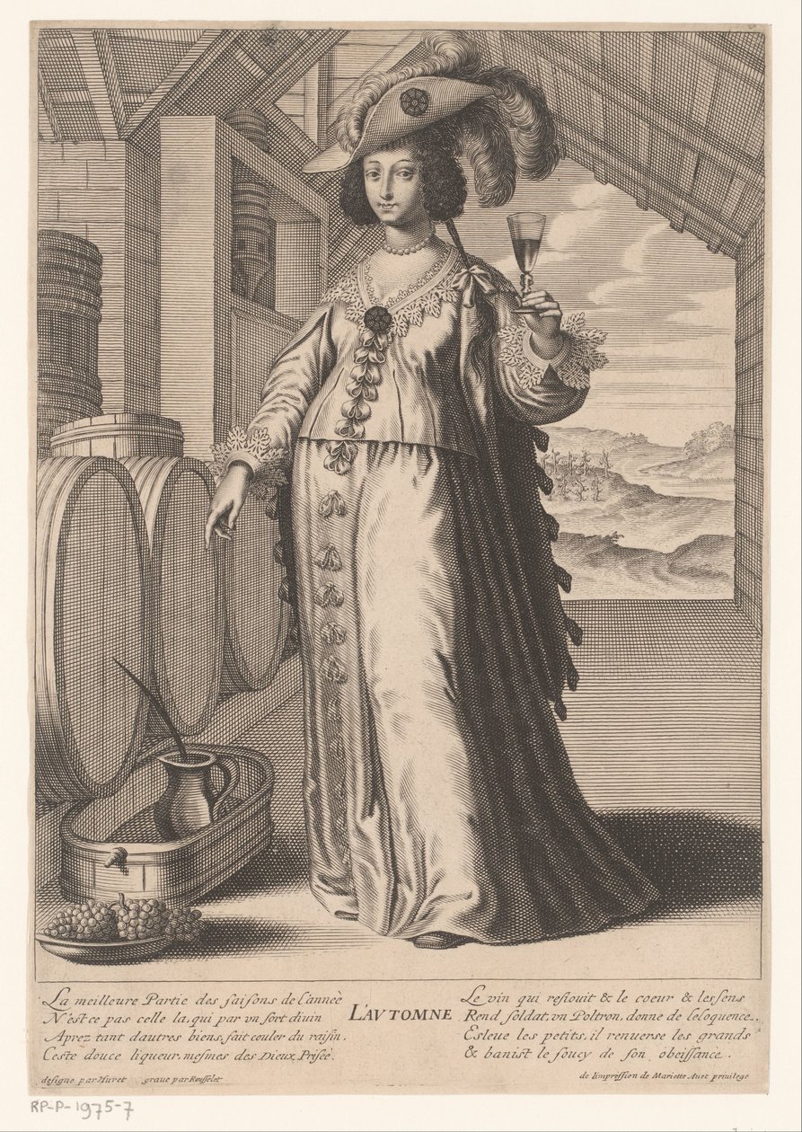 Dama con bicchiere di vino vicino a botti di vino, con vista su vigneto da Gilles Rousselet