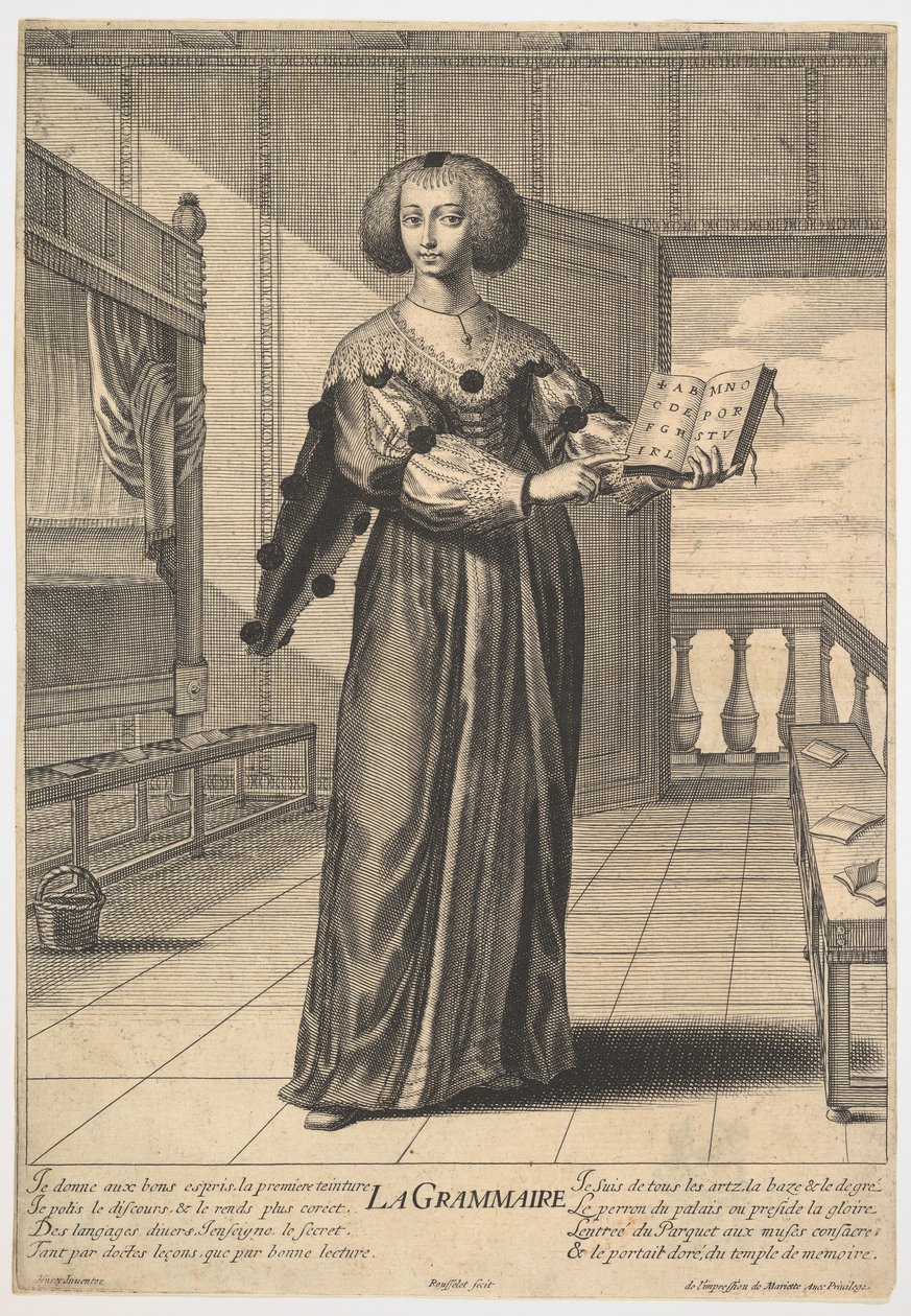 Grammatica: una giovane donna in piedi in un interno decorato con un libro aperto nella mano sinistra, 1633-35 da Gilles Rousselet