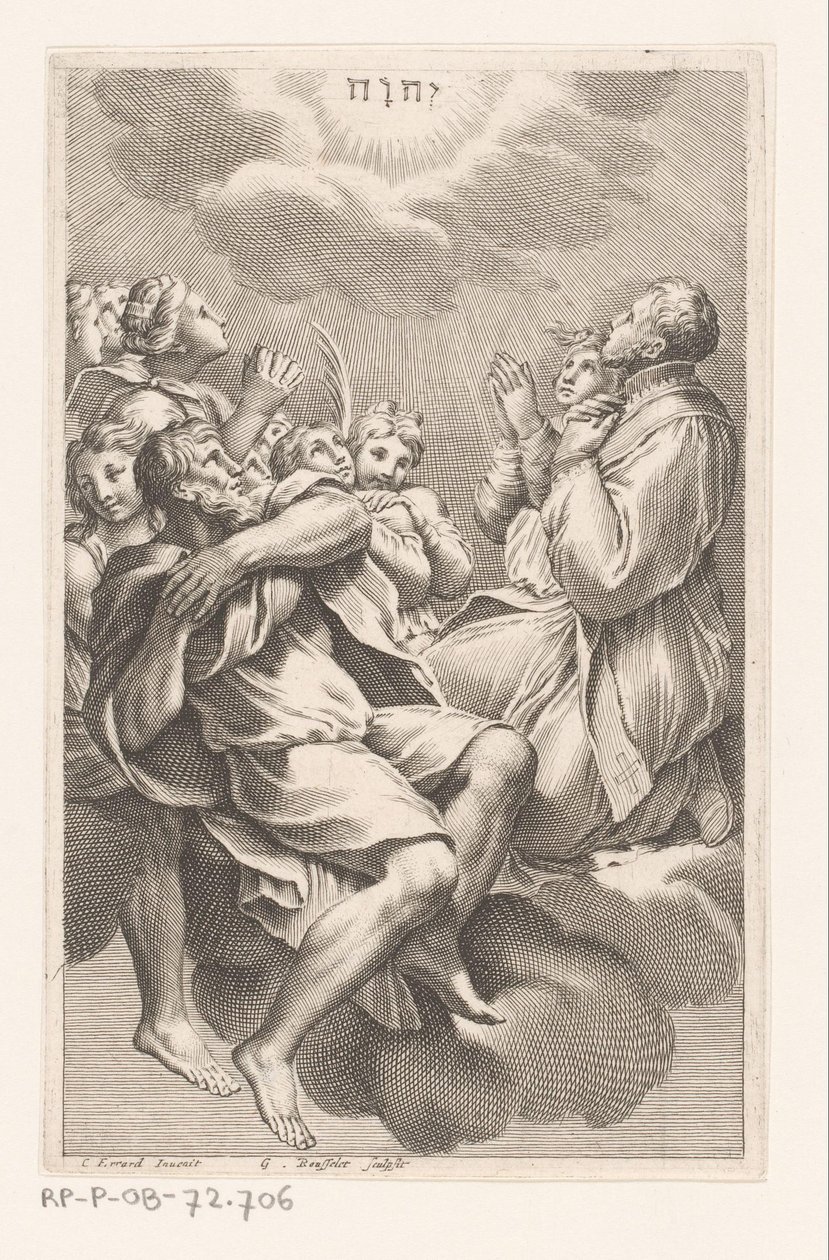 Gruppo di uomini e donne sulle nuvole in adorazione del tetragramma da Gilles Rousselet