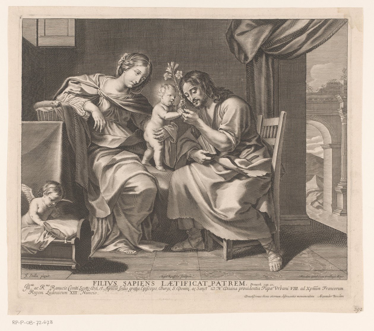 Sacra Famiglia e angelo che prepara una culla da Gilles Rousselet