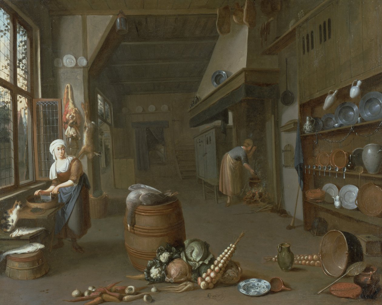 Interno di cucina con due domestiche che preparano il cibo da Gillis de Winter