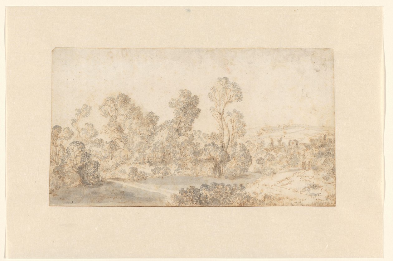 Paesaggio collinare con alberi alti lungo un fiume da Gillis Claesz de Hondecoeter