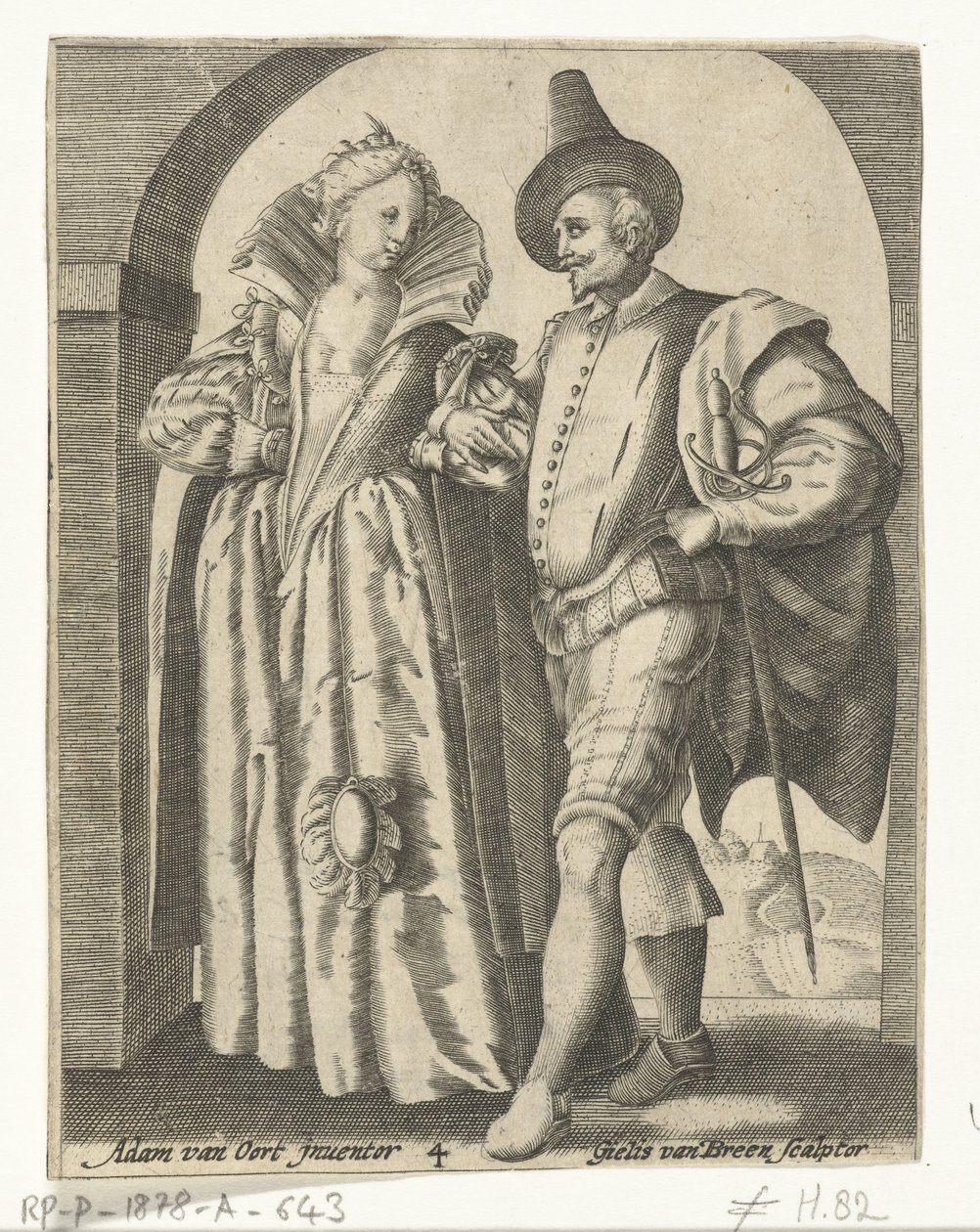 Uomo e donna, vestiti secondo la moda del 1590-1600 da Gillis van Breen