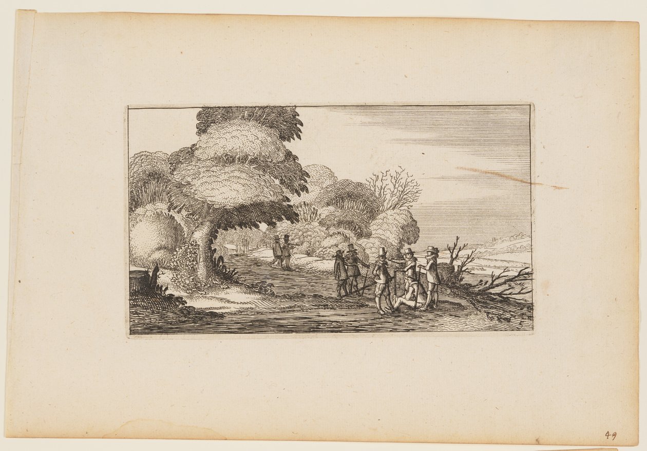 Uomini con moschetti su un sentiero che attraversa un bosco, da dodici paesaggi con figure da Gillis van Scheyndel