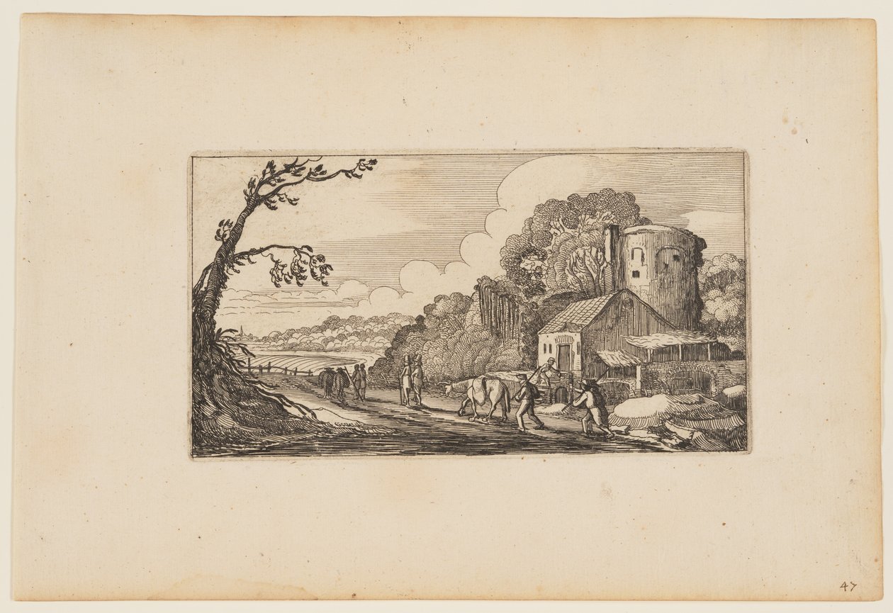 Sentiero a sinistra di una fattoria dominata da una torre rotonda, da Dodici paesaggi con figure da Gillis van Scheyndel