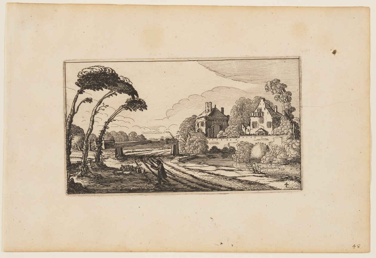 Strada a sinistra di una casa di campagna circondata da fossati e mura, da Dodici paesaggi con figure da Gillis van Scheyndel