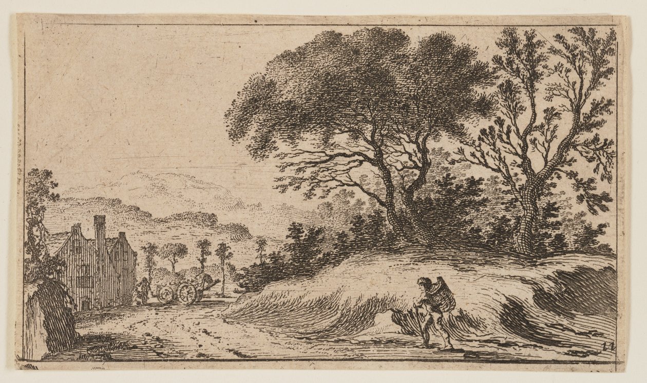 Viaggiatore su un sentiero davanti a tre alberi su una collinetta a destra, da Dodici paesaggi da Gillis van Scheyndel