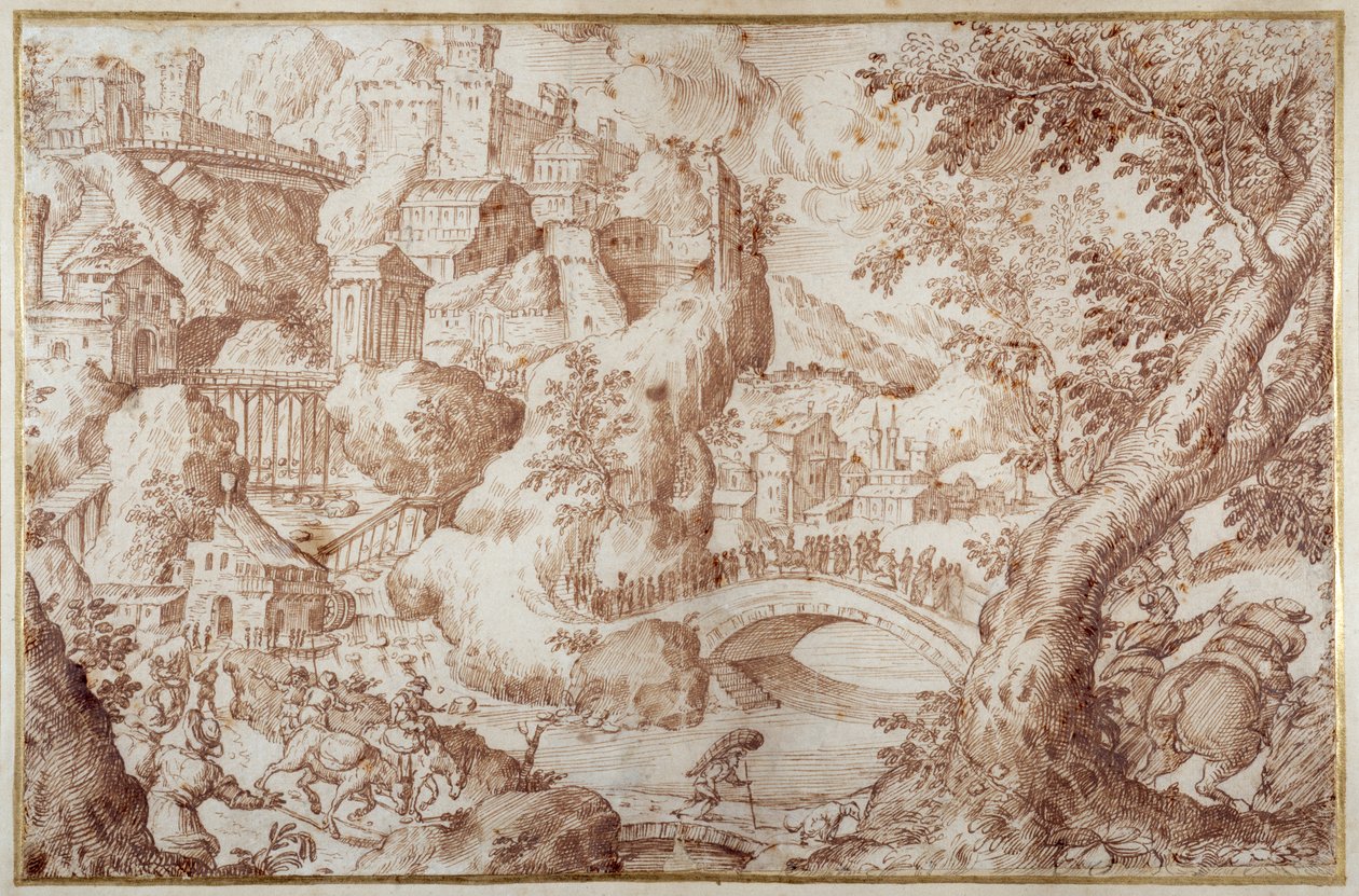 Paesaggio montuoso fantastico con ponti che attraversano burroni, una città e viaggiatori da Gillis van Valckenborch