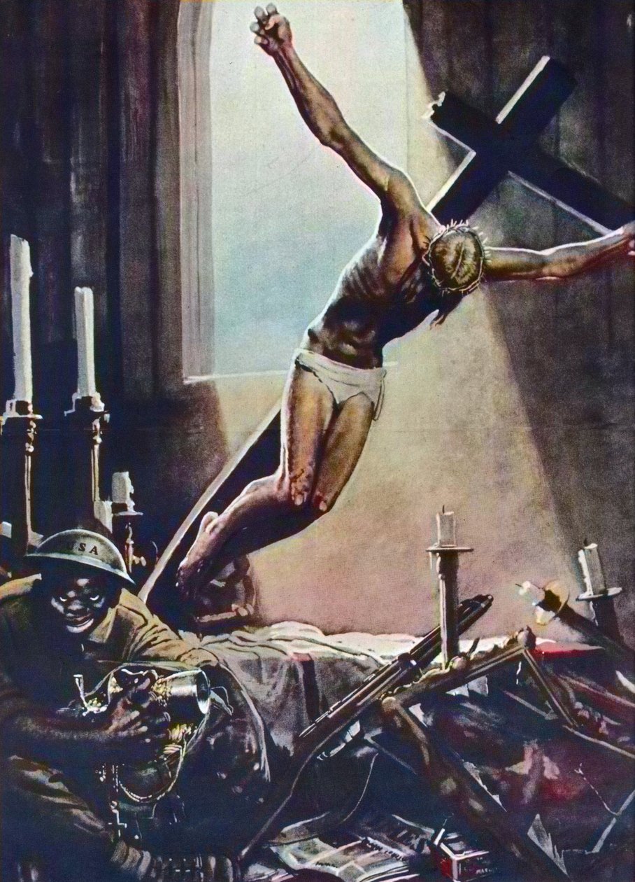 Poster antiamericano della Seconda Guerra Mondiale - Nero americano saccheggia una chiesa - Poster di Gino Boccasile - Propaganda italiana anti-USA 1943 - Poster di Gino Boccasile da Gino Boccasile