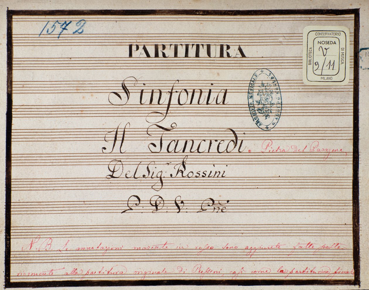 Partitura musicale per la sinfonia ridotta per pianoforte di Tancredi, opera di Gioacchino Rossini da Gioachino Rossini