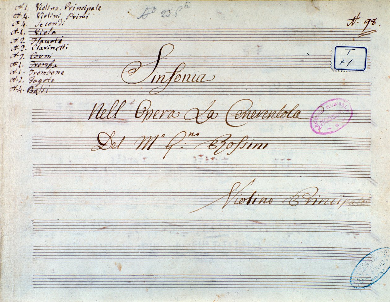 Pagina del titolo della partitura musicale per violino per la sinfonia in Cenerentola, o La bontà trionfante di Gioacchino Rossini da Gioachino Rossini