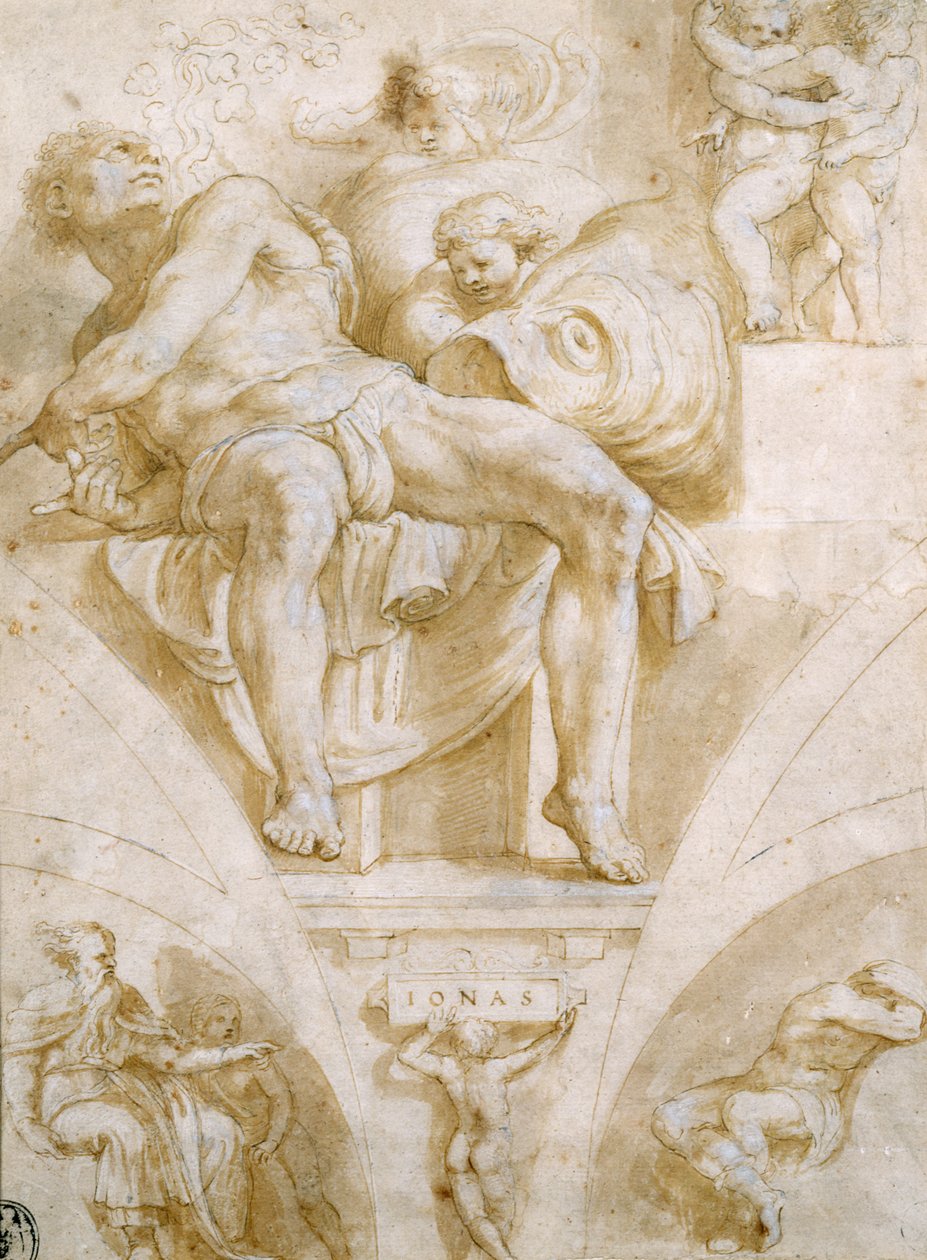 Il profeta Giona e due lunette distrutte (disegno per la Cappella Sistina) da Giorgio Giulio Clovio