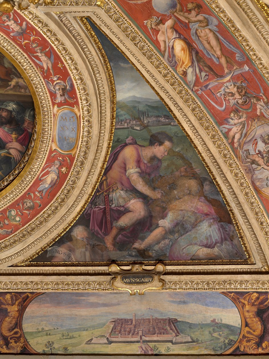 Allegoria di Borgo San Sepolcro; in basso, vista di Scarperia da Giorgio Vasari