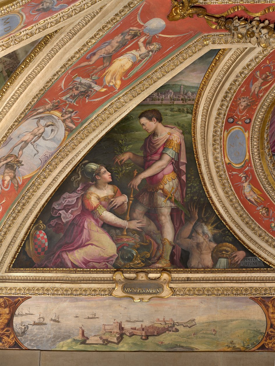 Allegoria di Pistoia; in basso, vista di Piombino da Giorgio Vasari