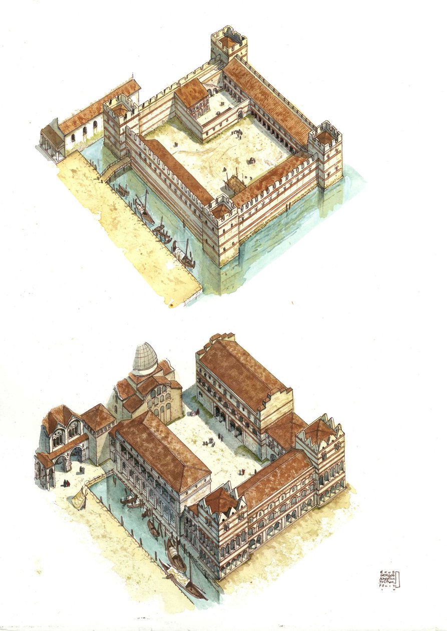 Veduta aerea delle fasi di costruzione di Palazzo Ducale (o Palazzo Ducale) in Piazza San Marco a Venezia nel VII e XII secolo. Italia da Giorgio Albertini