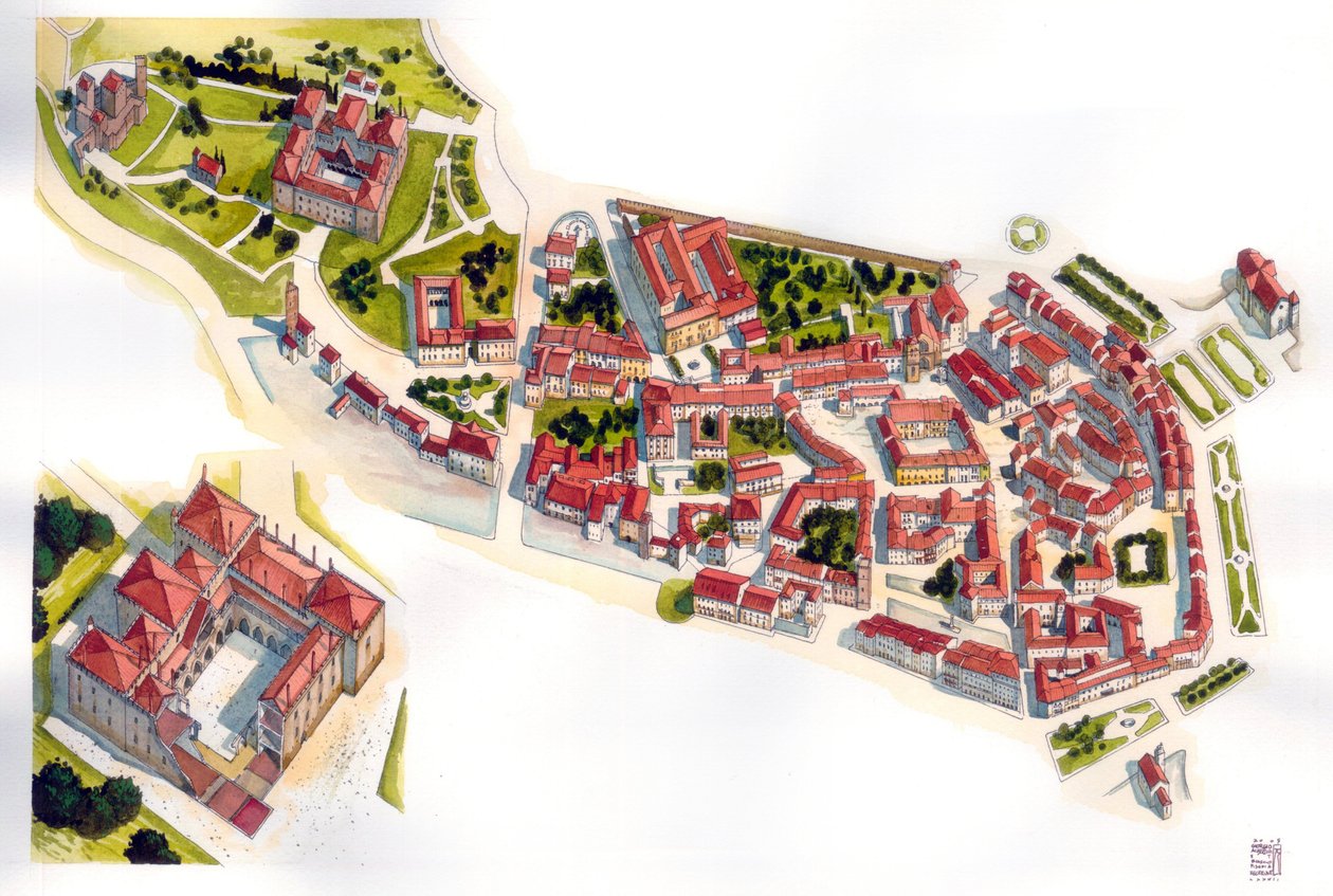 Veduta aeriana della città di Guimaraes: a sinistra il castello e il monastero costruiti nell