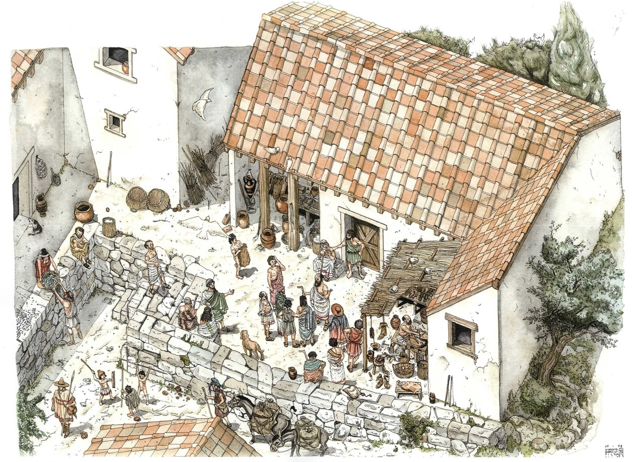 Antica Grecia: ricostruzione della bottega di un calzolaio (risparmiatore) ad Atene nel V secolo a.C.: il filosofo Socrate vi è rappresentato mentre discute con i suoi concittadini. Grecia Illustrazione di Giorgio Albertini. (L