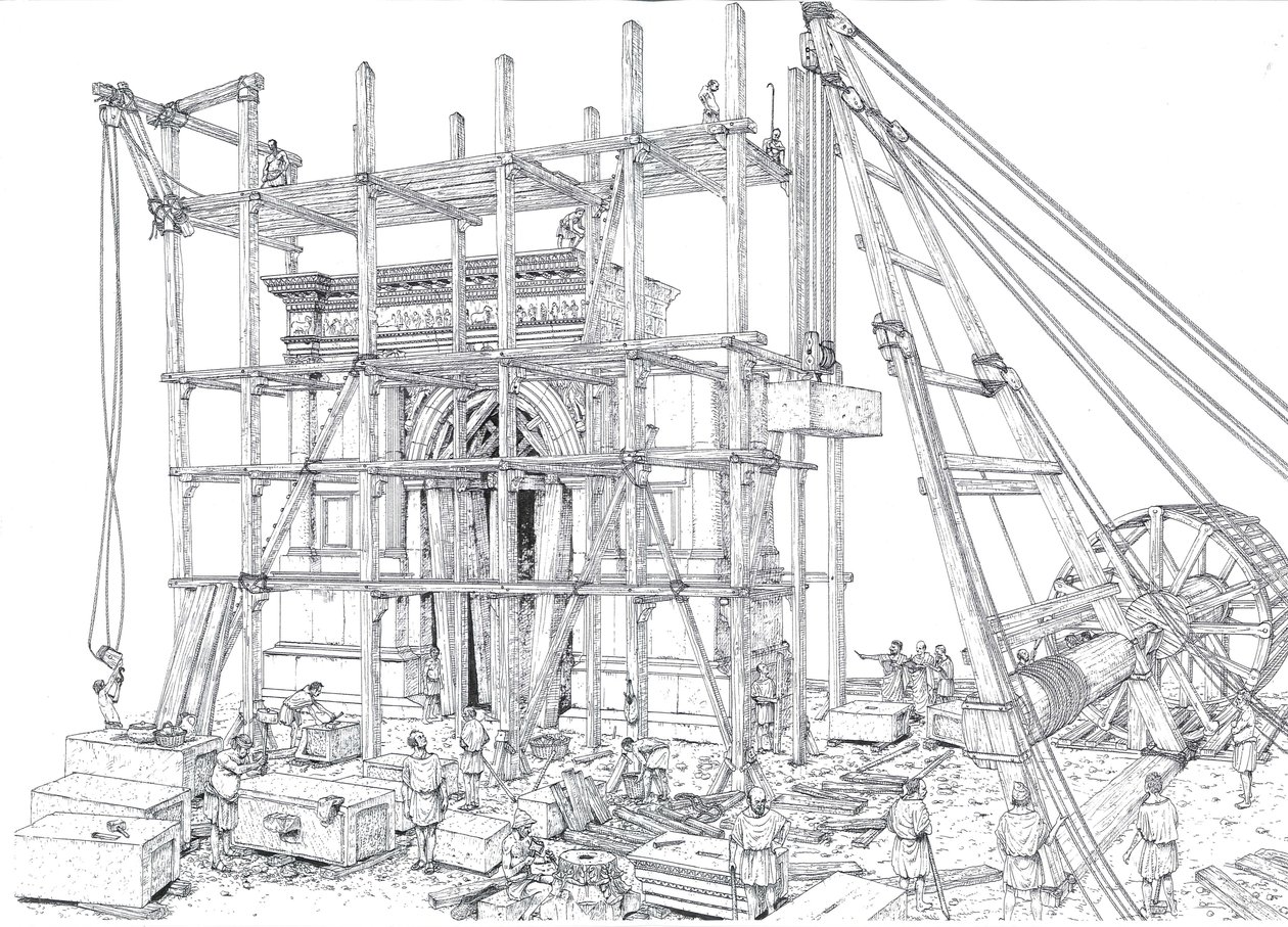 Roma antica: ricostruzione di un cantiere per la costruzione di un arco nel I secolo d.C.. Gli operai issano i blocchi di marmo con impalcature e carrucole. Illustrazione di Giorgio Albertini. (L