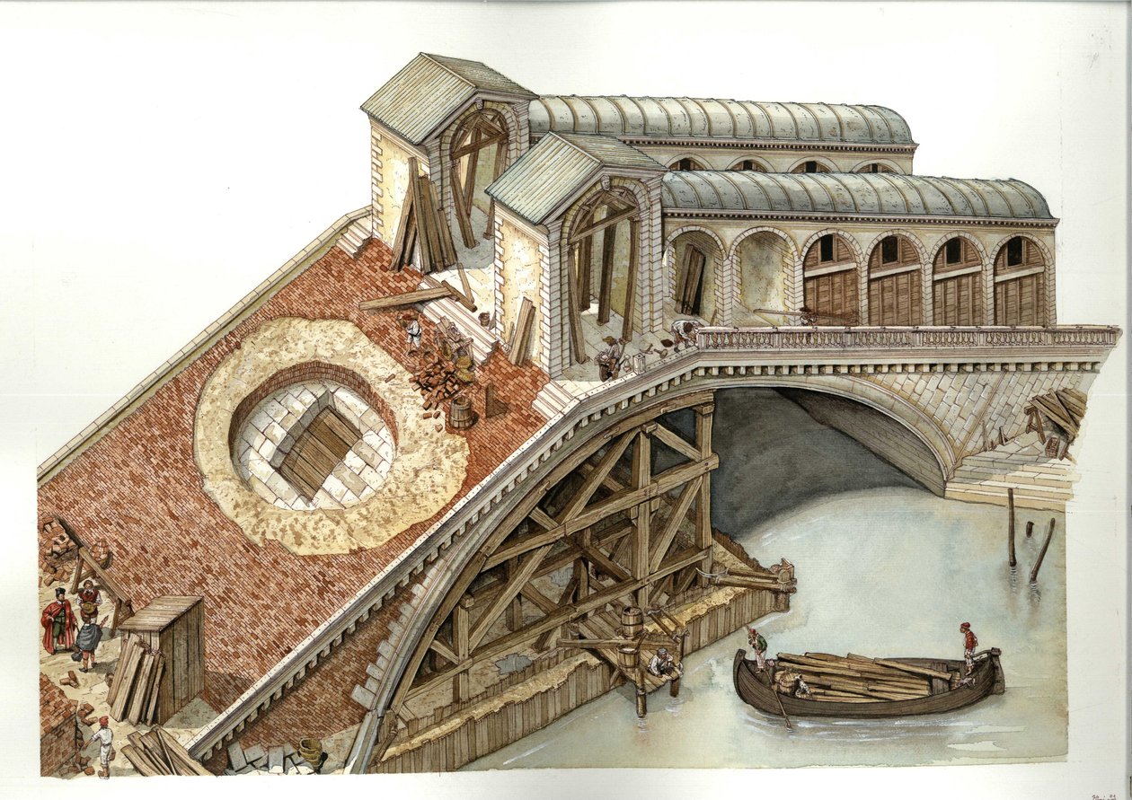 Architettura: cantiere del Ponte di Rialto nel 1588-1591 a Venezia, Italia. Illustrazione di Giorgio Albertini (L