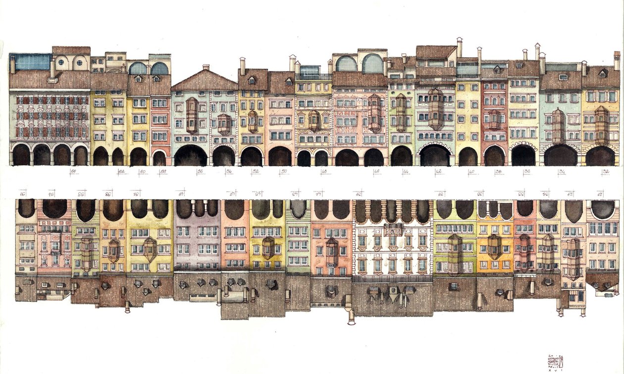 Architektur: Flache Ansicht der Via dei Portici, überdachte Galerie mit Portikus, zusammen mit bunten Häusern, aus der Stadt Bozen, Italien. Illustration von Giorgio Albertini. von Giorgio Albertini