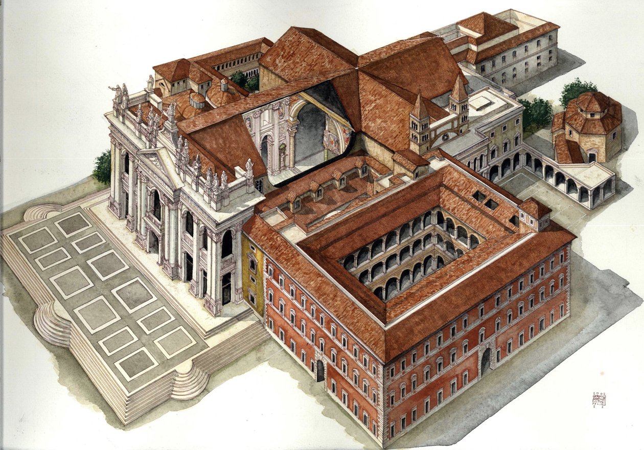 Architettura barocca: ricostruzione della Basilica di San Giovanni in Laterano (XVII-XVIII secolo) Roma Illustrazione di Giorgio Albertini. (L